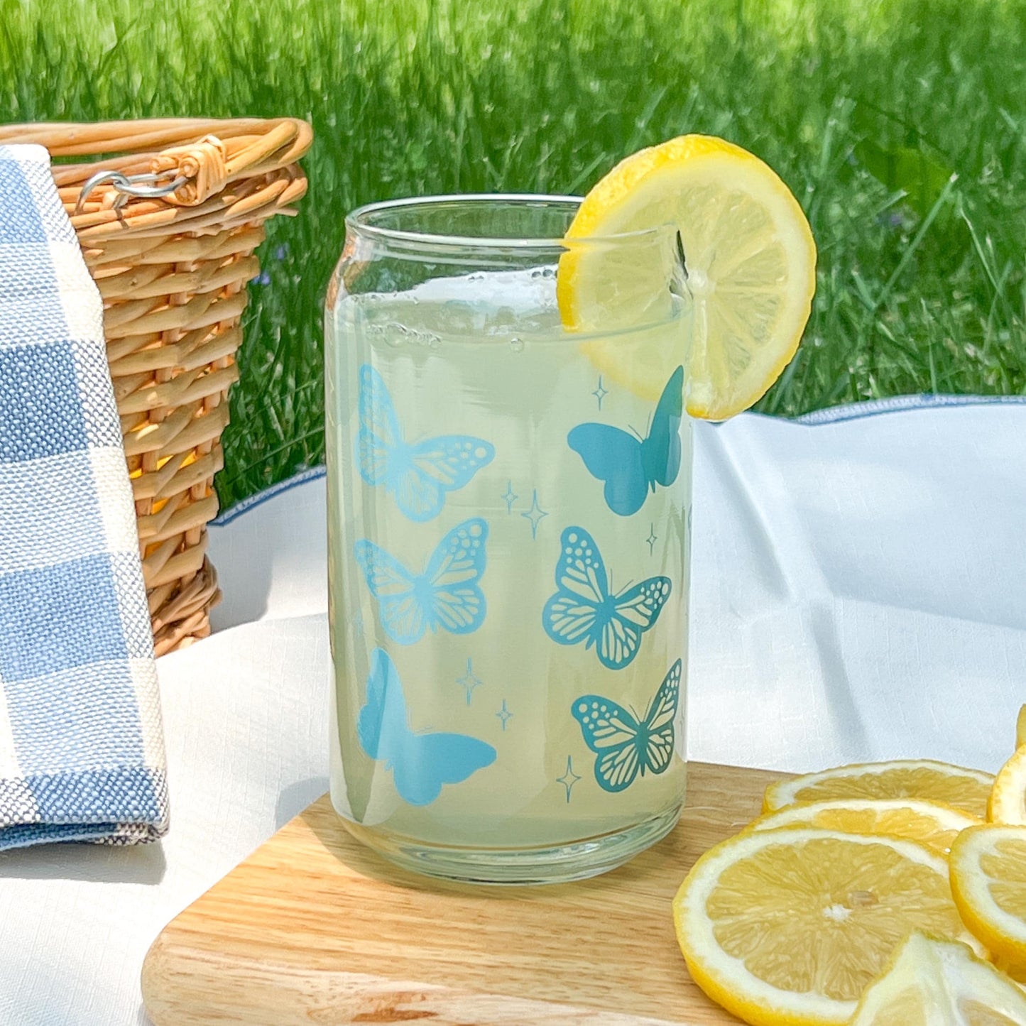 Dishwasher safe Butterfly cup, glass can, libbey 209, pink butterfly cup, purple butterfly cup, teal butterfly cup, cute glass cup,