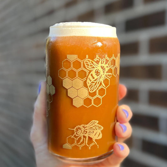 Dishwasher safe honeybee cup, honeycomb glass can, libbey 209, iced coffee cup, bamboo lid and glass straw