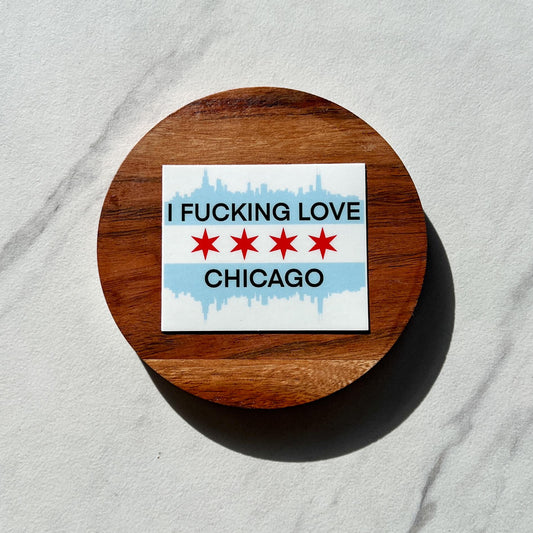 Sticker with 'I F***ING LOVE CHICAGO' on the Chicago skyline and Chicago flag