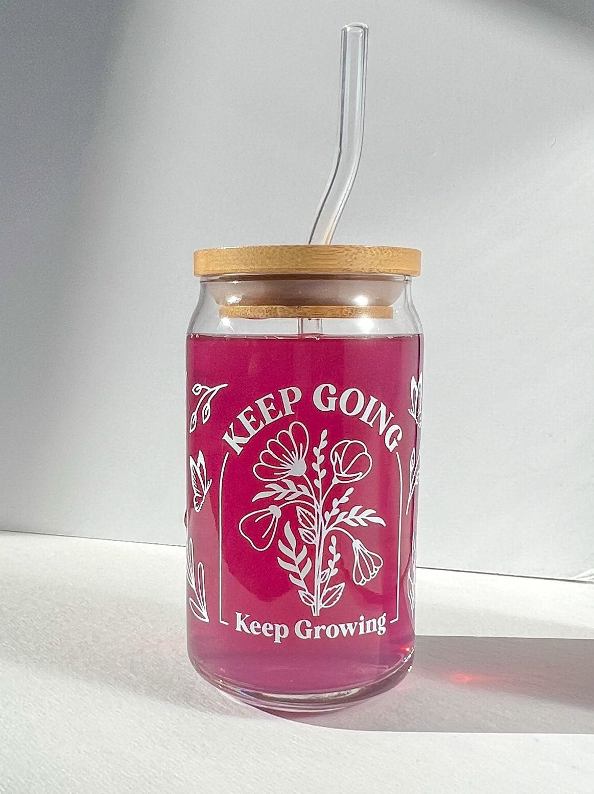 Keep going Keep growing cup, glass can, glass with bamboo lid, glass straw, dishwasher safe cup, mental health gift, therapist gift