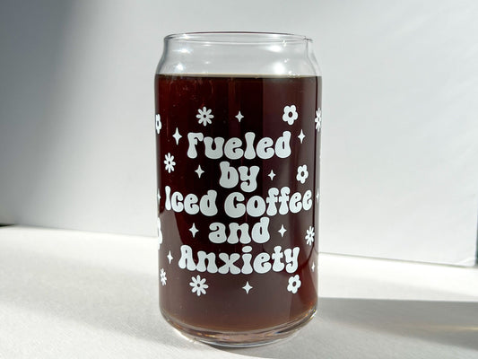 Dishwasher safe fueled by iced coffee and anxiety cup, glass can, libbey 209, iced coffee cup, bamboo lid and glass straw