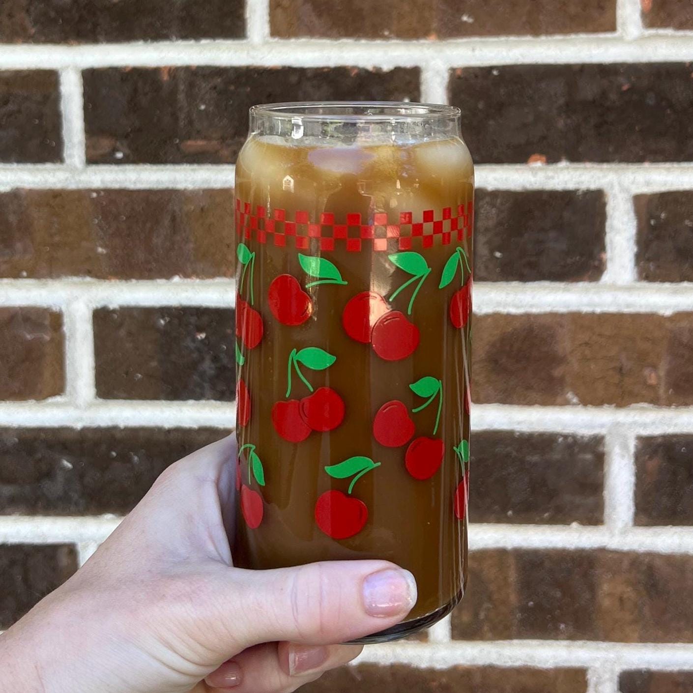 Dishwasher safe cup! Cherries cup, mental health cup, gift for therapist, vintage style, checkerboard, gift for her, 20 oz glass cup