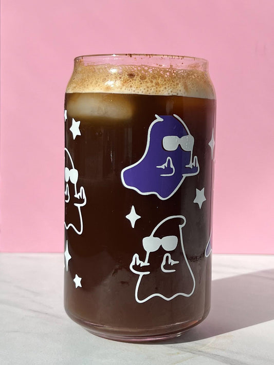 Dishwasher safe ghost cup, Halloween cup, middle finger ghost, sassy cup, glass can, glass tumbler, screen printed glass