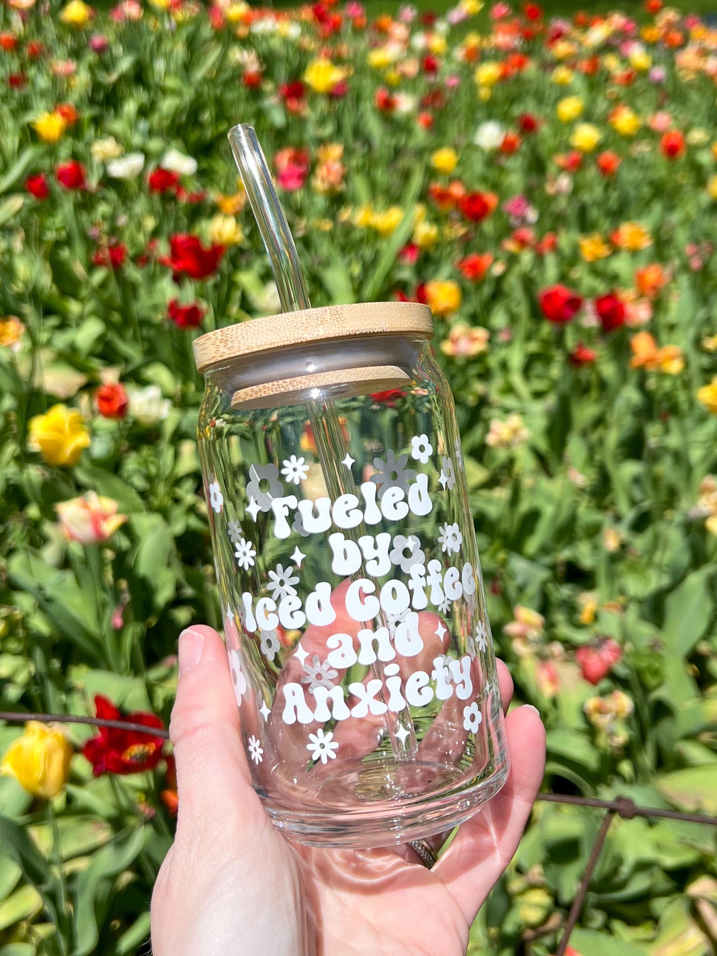 Dishwasher safe fueled by iced coffee and anxiety cup, glass can, libbey 209, iced coffee cup, bamboo lid and glass straw