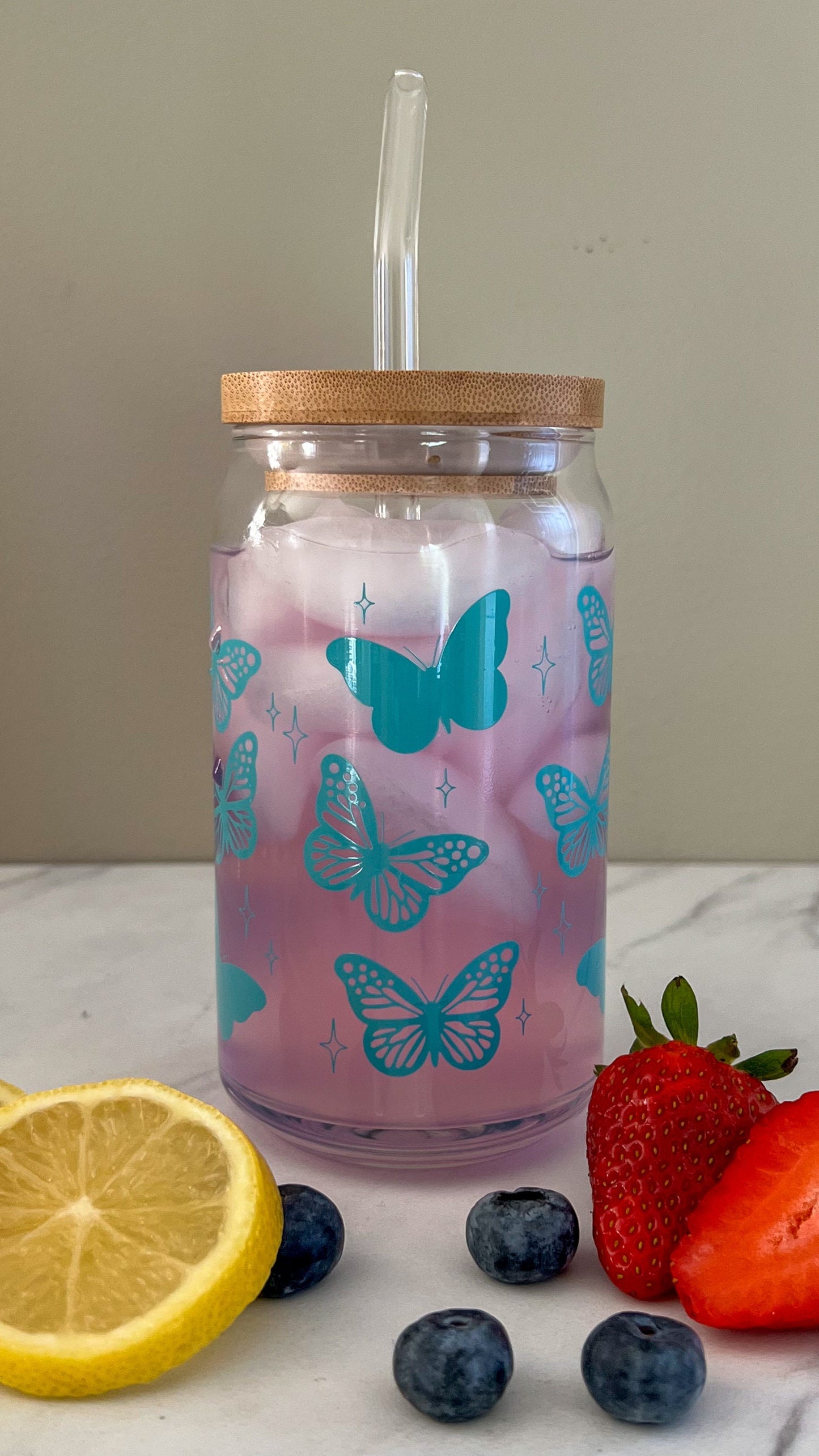 Dishwasher safe Butterfly cup, glass can, libbey 209, pink butterfly cup, purple butterfly cup, teal butterfly cup, cute glass cup,