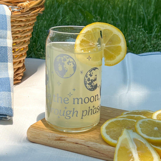 Dishwasher safe moon phase cup, like the moon I go through phases cup, silver moon cup, glass can, glass tumbler, screen printed glass