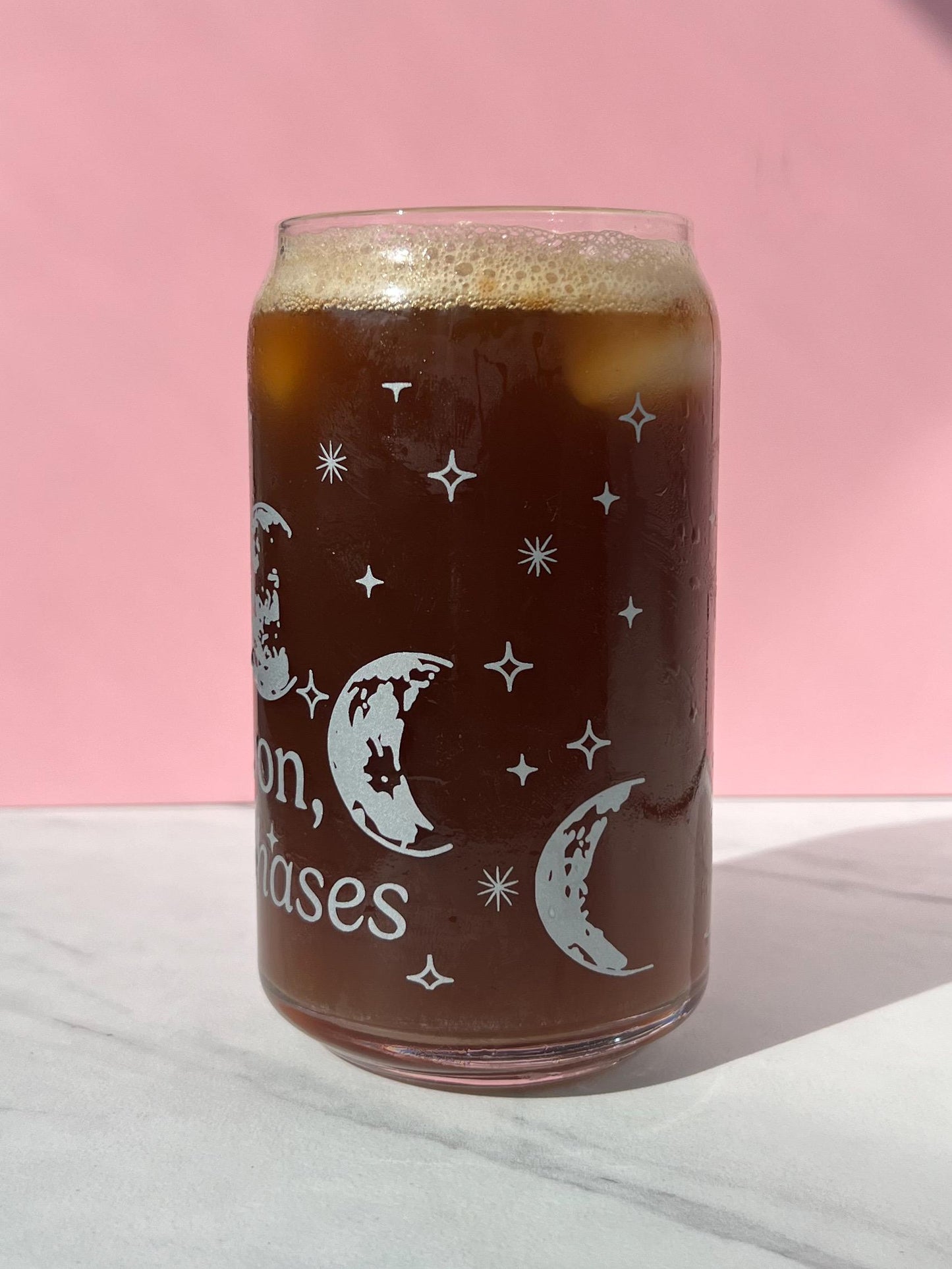 Dishwasher safe moon phase cup, like the moon I go through phases cup, silver moon cup, glass can, glass tumbler, screen printed glass