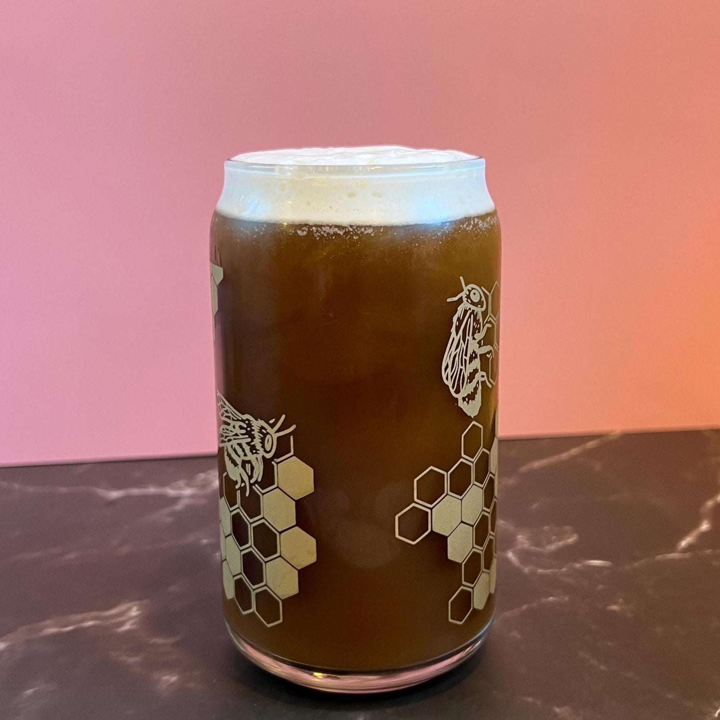 Dishwasher safe honeybee cup, honeycomb glass can, libbey 209, iced coffee cup, bamboo lid and glass straw