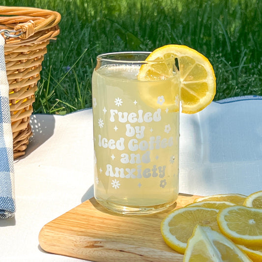 Dishwasher safe fueled by iced coffee and anxiety cup, glass can, libbey 209, iced coffee cup, bamboo lid and glass straw