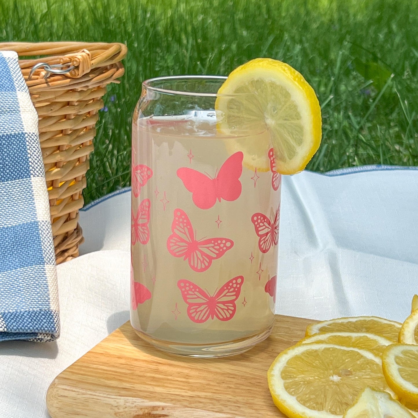 Dishwasher safe Butterfly cup, glass can, libbey 209, pink butterfly cup, purple butterfly cup, teal butterfly cup, cute glass cup,