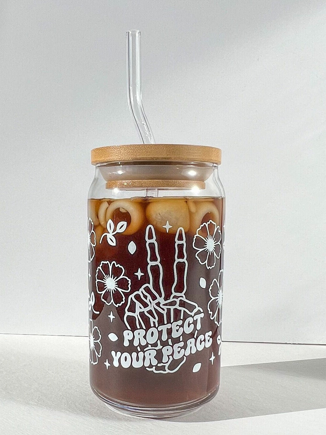 Protect your peace cup, custom tumbler, dishwasher safe glass, glass can with bamboo lid and straw, sarcastic gift, skeleton hand peace sign