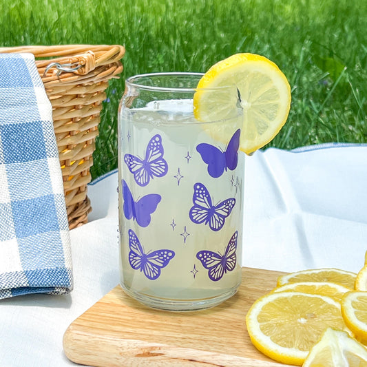 Dishwasher safe Butterfly cup, glass can, libbey 209, pink butterfly cup, purple butterfly cup, teal butterfly cup, cute glass cup,