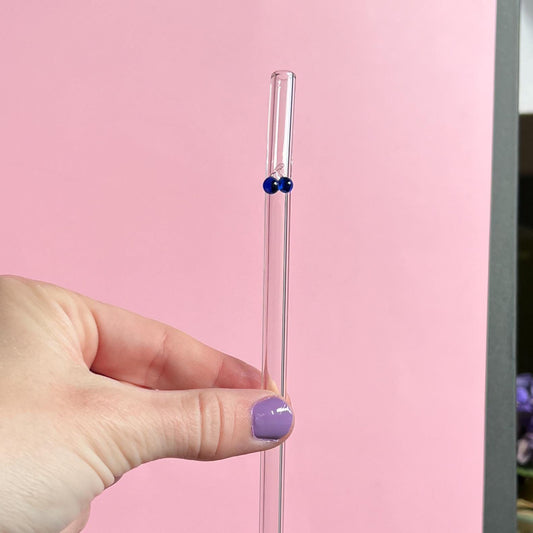 glass straw with decal for 16 oz cup. 8 inches long with a bend. Glass and dishwasher safe