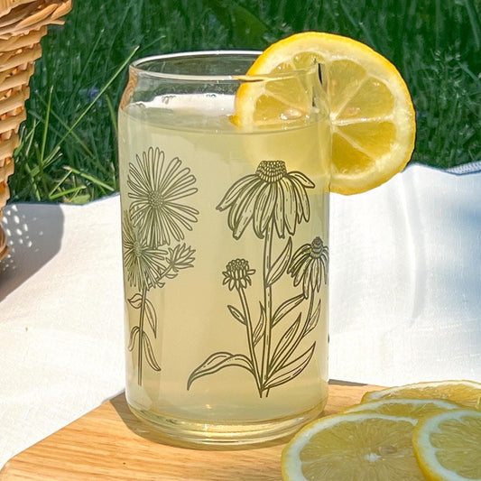 Dishwasher safe Native wildflower cup, Illinois native flowers, Iowa native, flower outlines, glass can, glass tumbler, screen printed glass