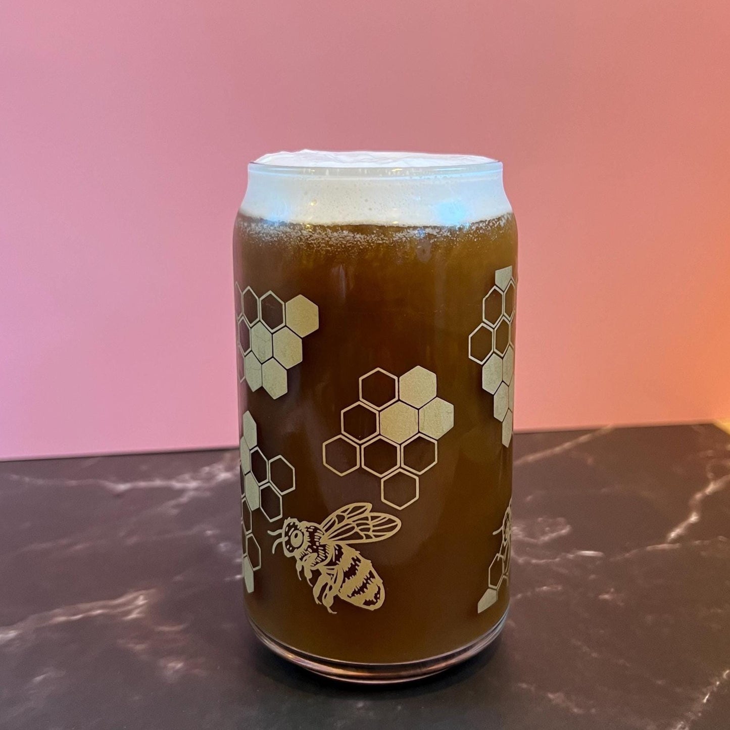 Dishwasher safe honeybee cup, honeycomb glass can, libbey 209, iced coffee cup, bamboo lid and glass straw