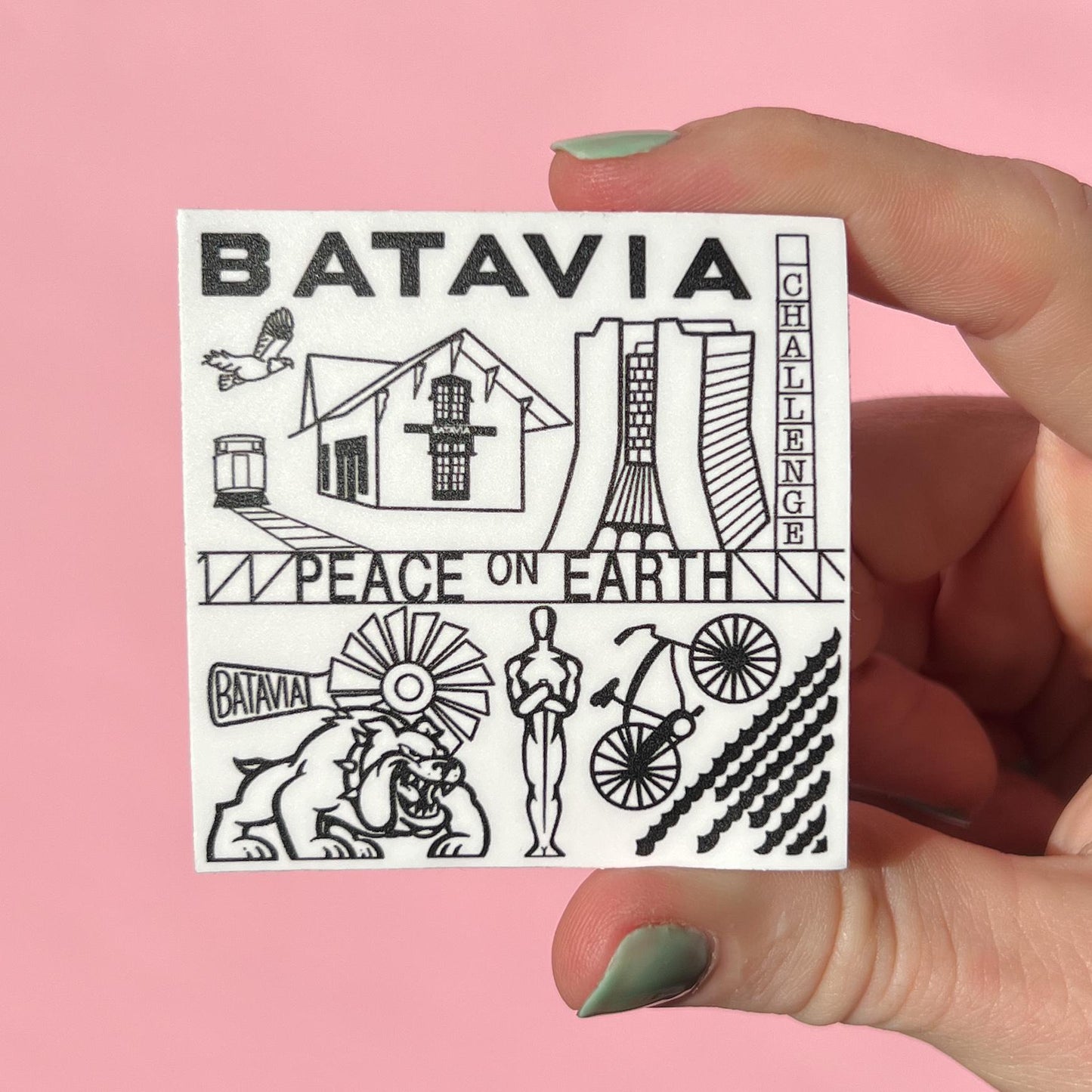 Batavia Illinois history sticker, Kane county Illinois, Batavia Bulldogs, Peace on Earth bridge, windmill capital of the world