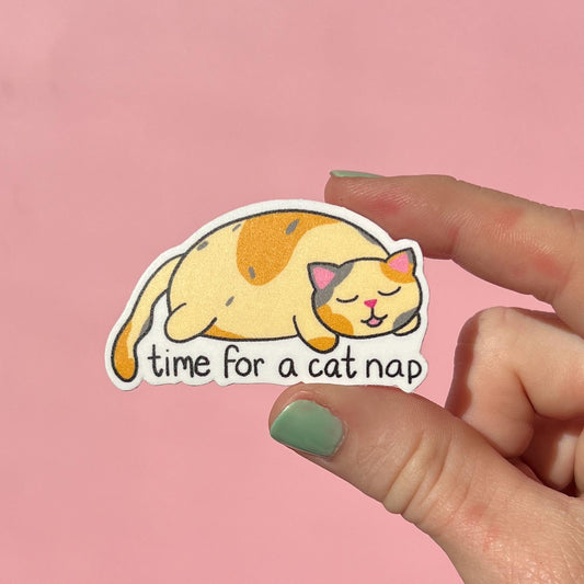 Sticker of a cat with 'time for a cat nap' text held by a hand on a pink background