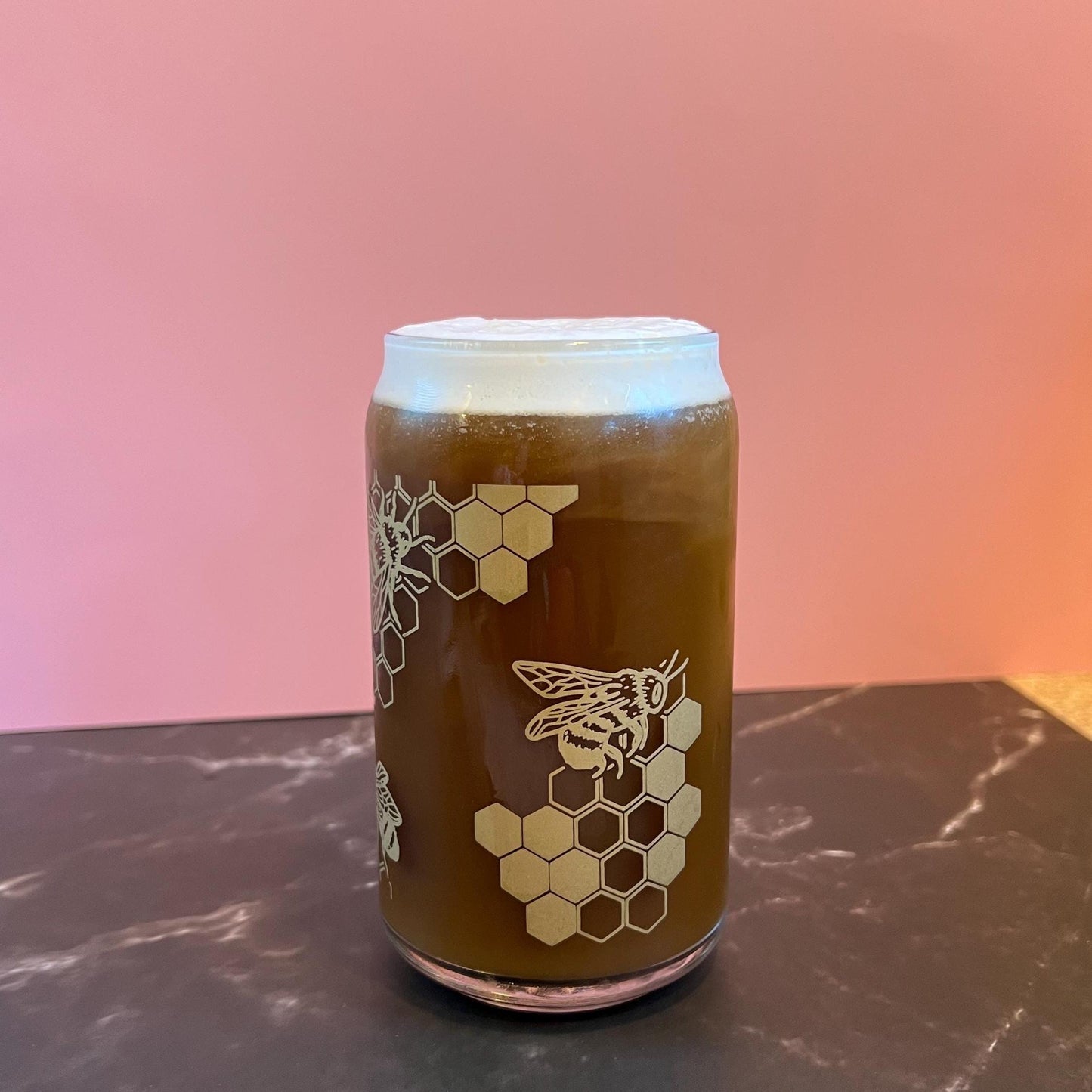 Dishwasher safe honeybee cup, honeycomb glass can, libbey 209, iced coffee cup, bamboo lid and glass straw