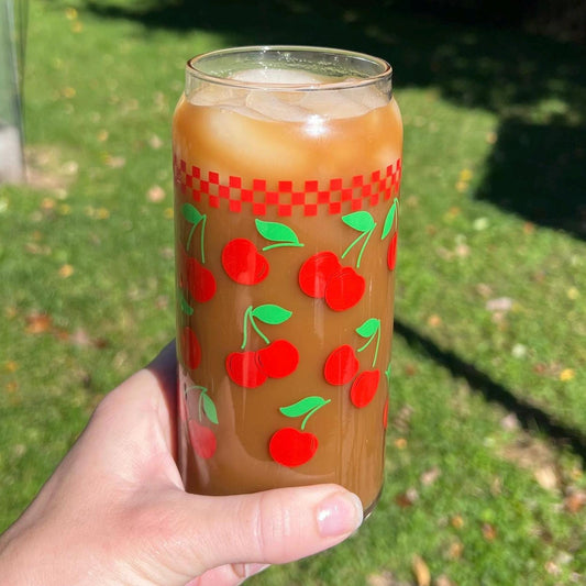 Dishwasher safe cup! Cherries cup, mental health cup, gift for therapist, vintage style, checkerboard, gift for her, 20 oz glass cup