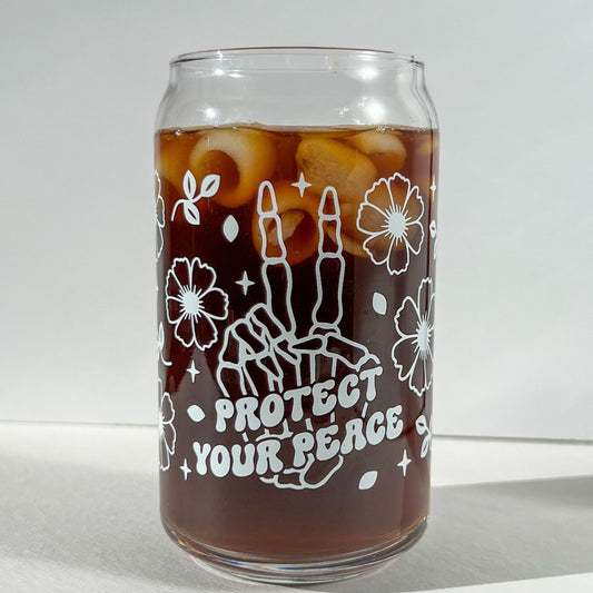 Protect your peace cup, custom tumbler, dishwasher safe glass, glass can with bamboo lid and straw, sarcastic gift, skeleton hand peace sign