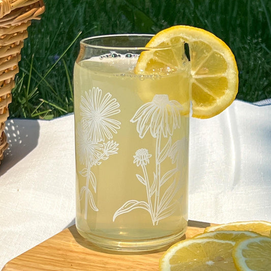 Dishwasher safe Native wildflower cup, Illinois native flowers, Iowa native, flower outlines, glass can, glass tumbler, screen printed glass