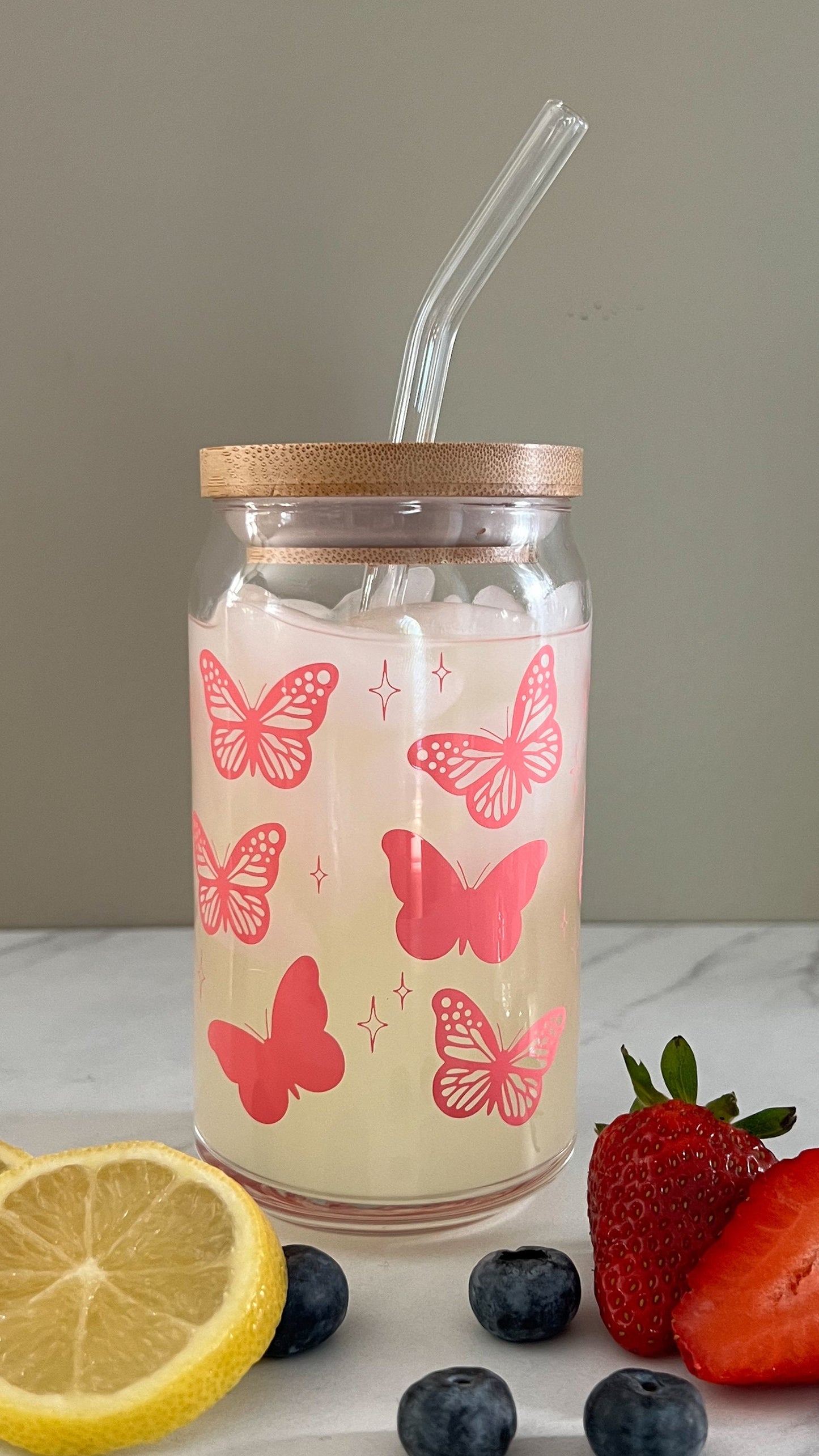 Dishwasher safe Butterfly cup, glass can, libbey 209, pink butterfly cup, purple butterfly cup, teal butterfly cup, cute glass cup,