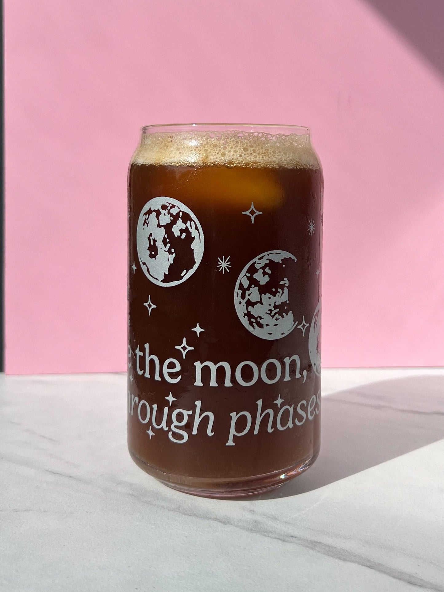 Dishwasher safe moon phase cup, like the moon I go through phases cup, silver moon cup, glass can, glass tumbler, screen printed glass