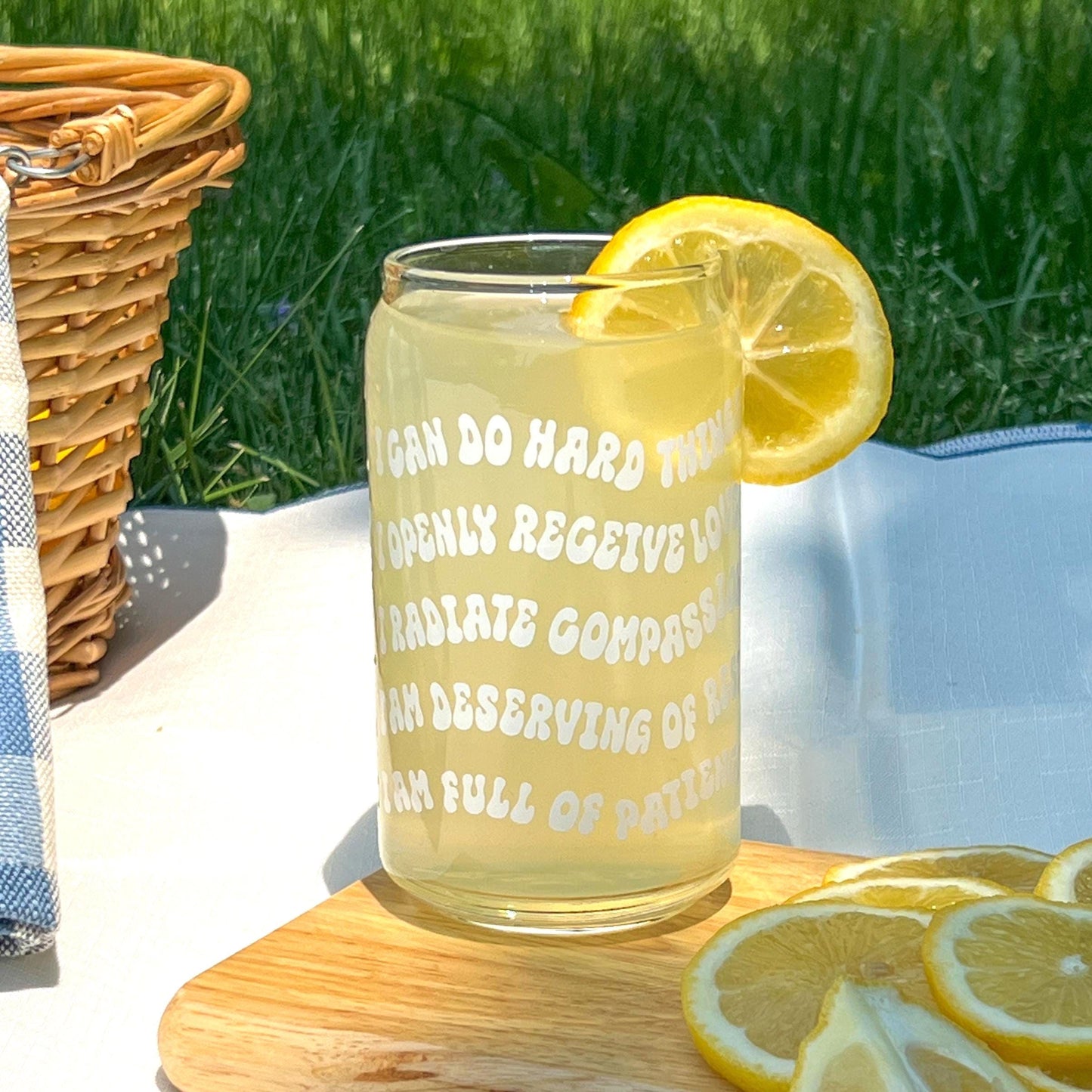 Dishwasher safe affirmations glass can, mental health matters, positive affirmations, glass can, libbey 209, bamboo lid, glass straw.
