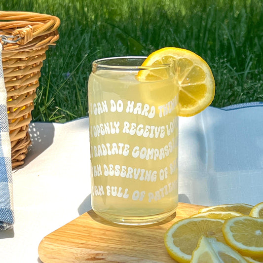 Dishwasher safe affirmations glass can, mental health matters, positive affirmations, glass can, libbey 209, bamboo lid, glass straw.