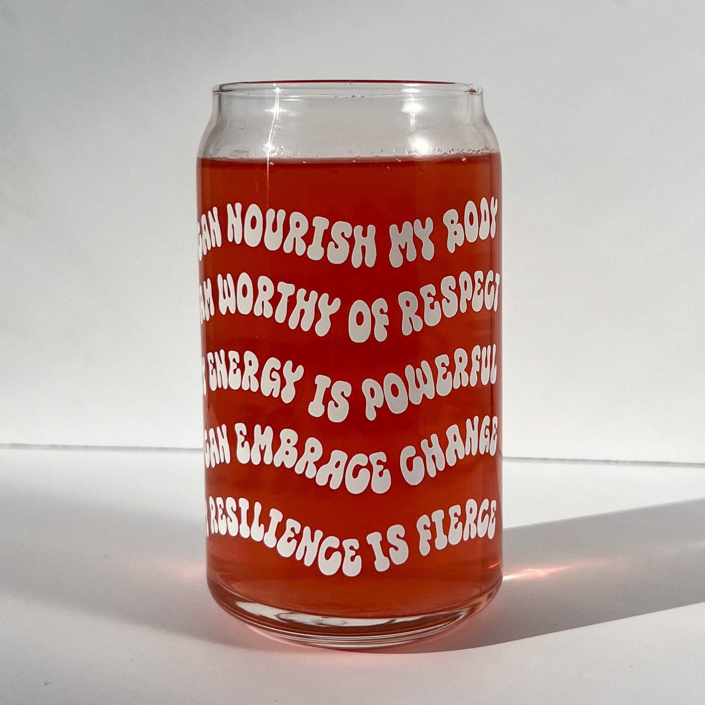 Dishwasher safe affirmations glass can, mental health matters, positive affirmations, glass can, libbey 209, bamboo lid, glass straw.