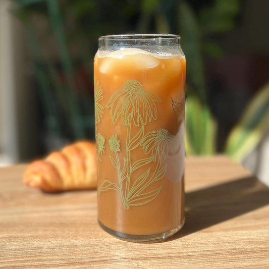 Dishwasher safe Native wildflower cup, Illinois native flowers, Iowa native, flower outlines, glass can, glass tumbler, 20 oz iced coffee