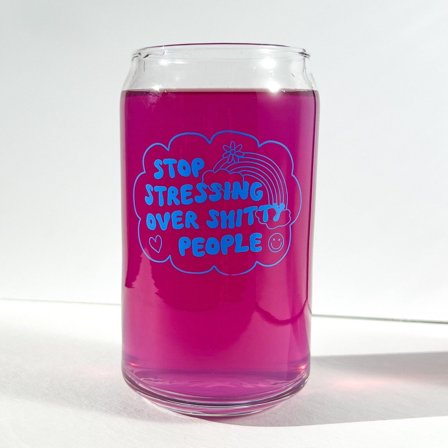 Stop stressing over shitty people cup, custom tumbler, dishwasher safe glass, glass can with bamboo lid and straw, sarcastic gift, funny