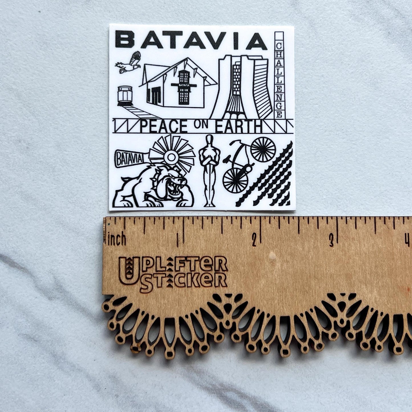 Batavia Illinois history sticker, Kane county Illinois, Batavia Bulldogs, Peace on Earth bridge, windmill capital of the world