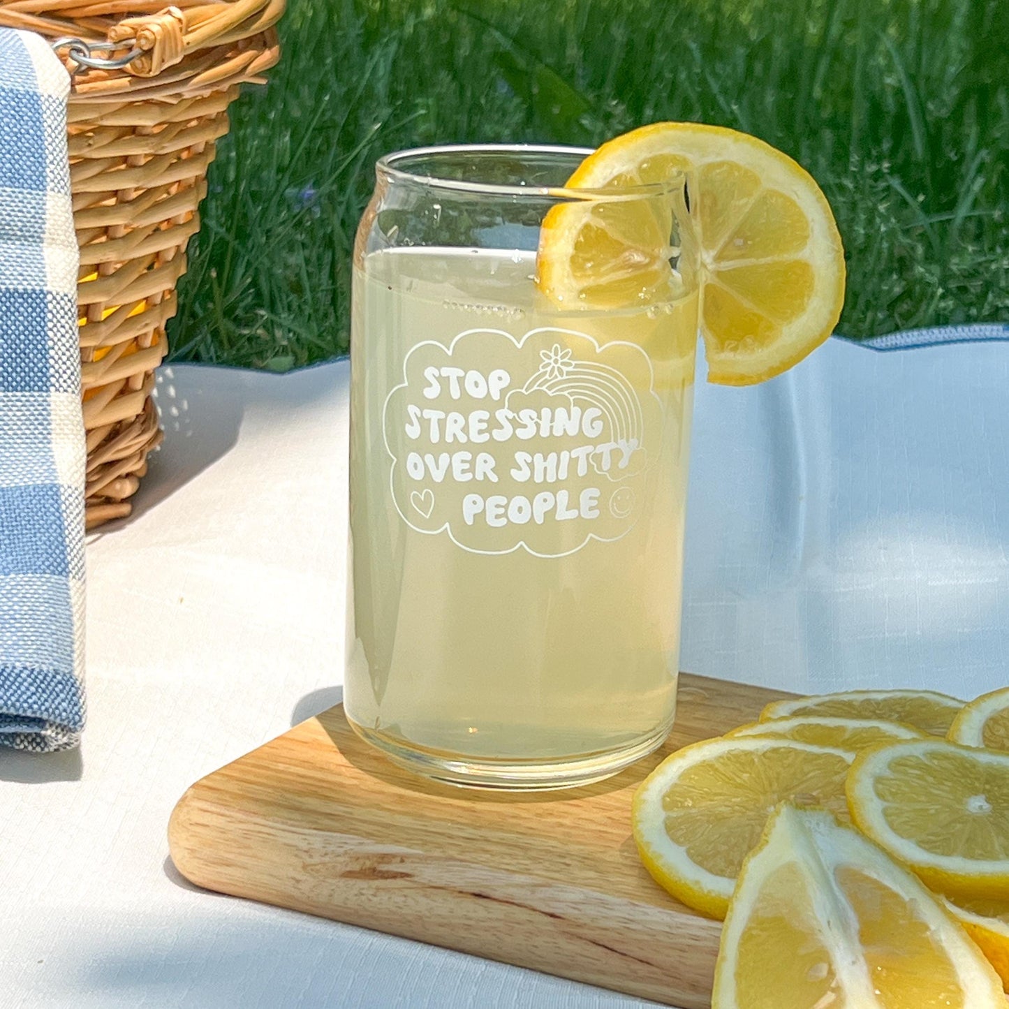 Stop stressing over shitty people cup, custom tumbler, dishwasher safe glass, glass can with bamboo lid and straw, sarcastic gift, funny