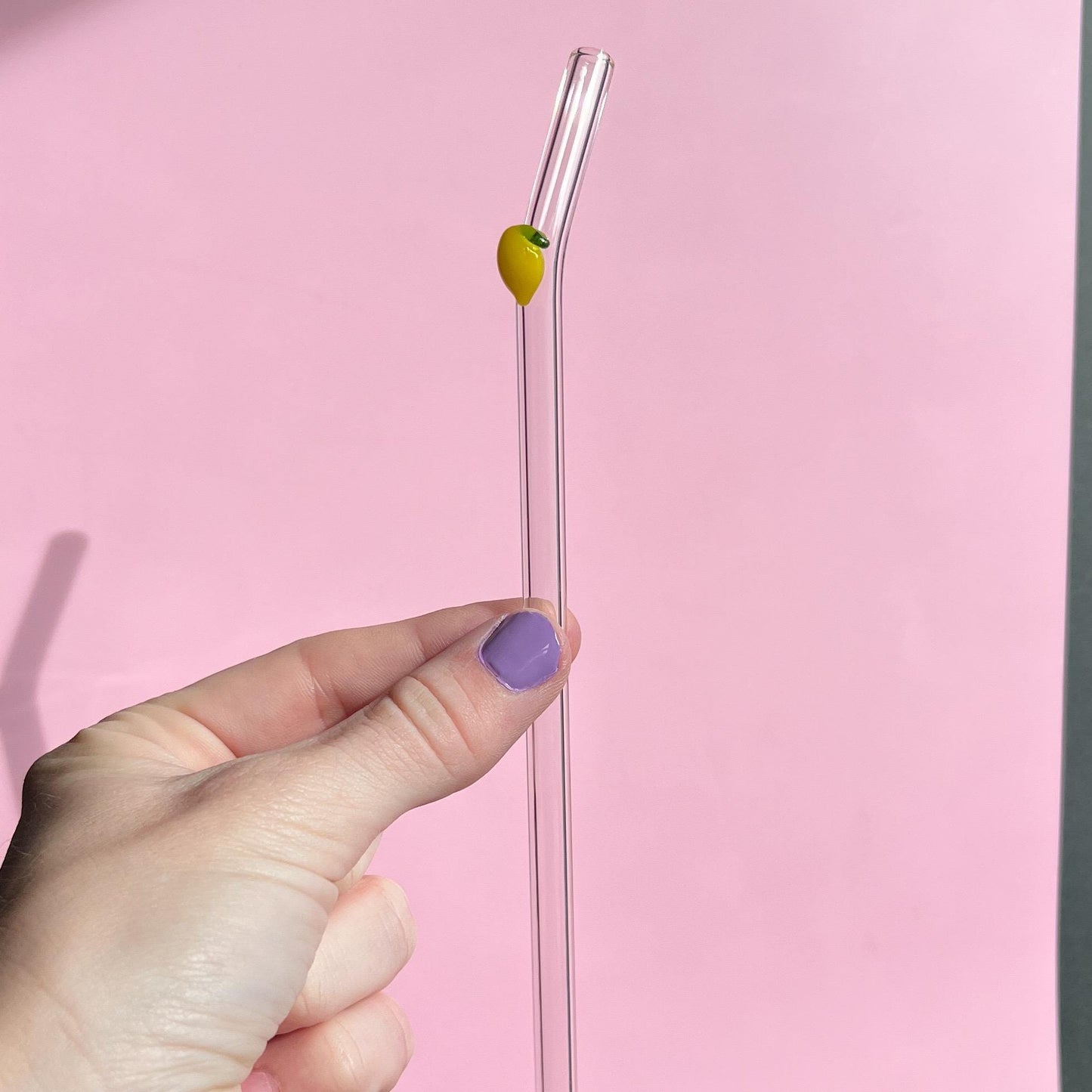 glass straw with decal for 16 oz cup. 8 inches long with a bend. Glass and dishwasher safe