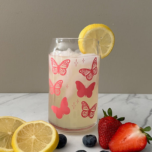 Dishwasher safe Butterfly cup, glass can, libbey 209, pink butterfly cup, purple butterfly cup, teal butterfly cup, cute glass cup,