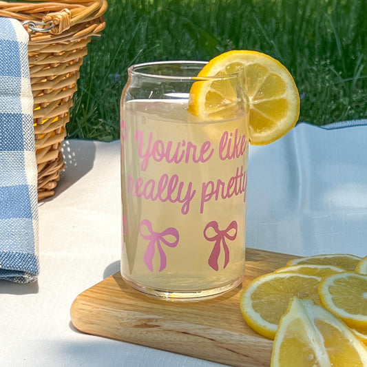 You’re like really pretty cup, coquette bow, glass can, glass with bamboo lid, glass straw, dishwasher safe cup, mental health gift,