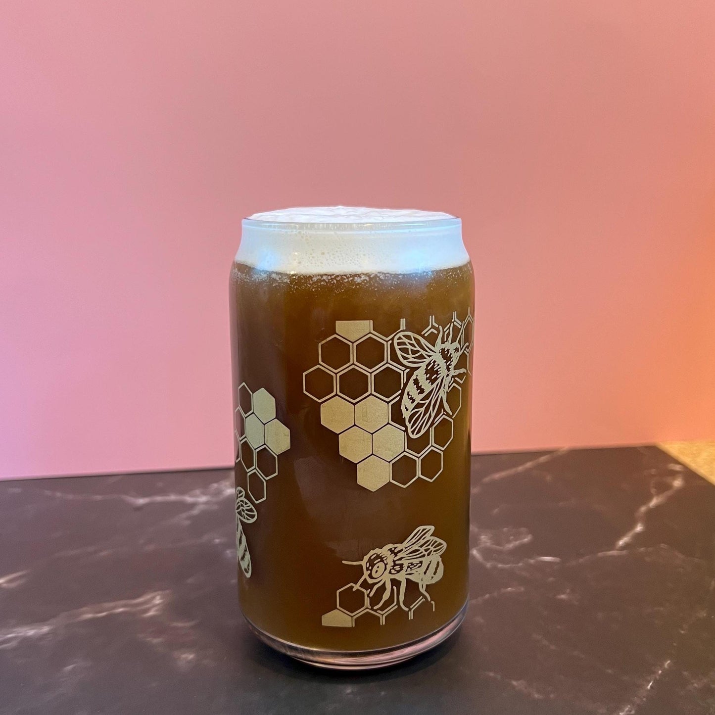 Dishwasher safe honeybee cup, honeycomb glass can, libbey 209, iced coffee cup, bamboo lid and glass straw
