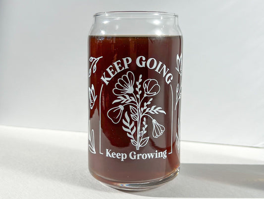 Keep going Keep growing cup, glass can, glass with bamboo lid, glass straw, dishwasher safe cup, mental health gift, therapist gift