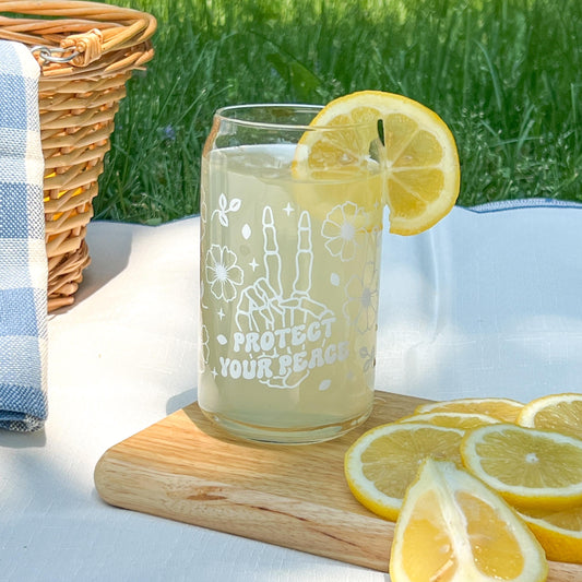 Protect your peace cup, custom tumbler, dishwasher safe glass, glass can with bamboo lid and straw, sarcastic gift, skeleton hand peace sign