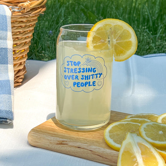 Stop stressing over shitty people cup, custom tumbler, dishwasher safe glass, glass can with bamboo lid and straw, sarcastic gift, funny