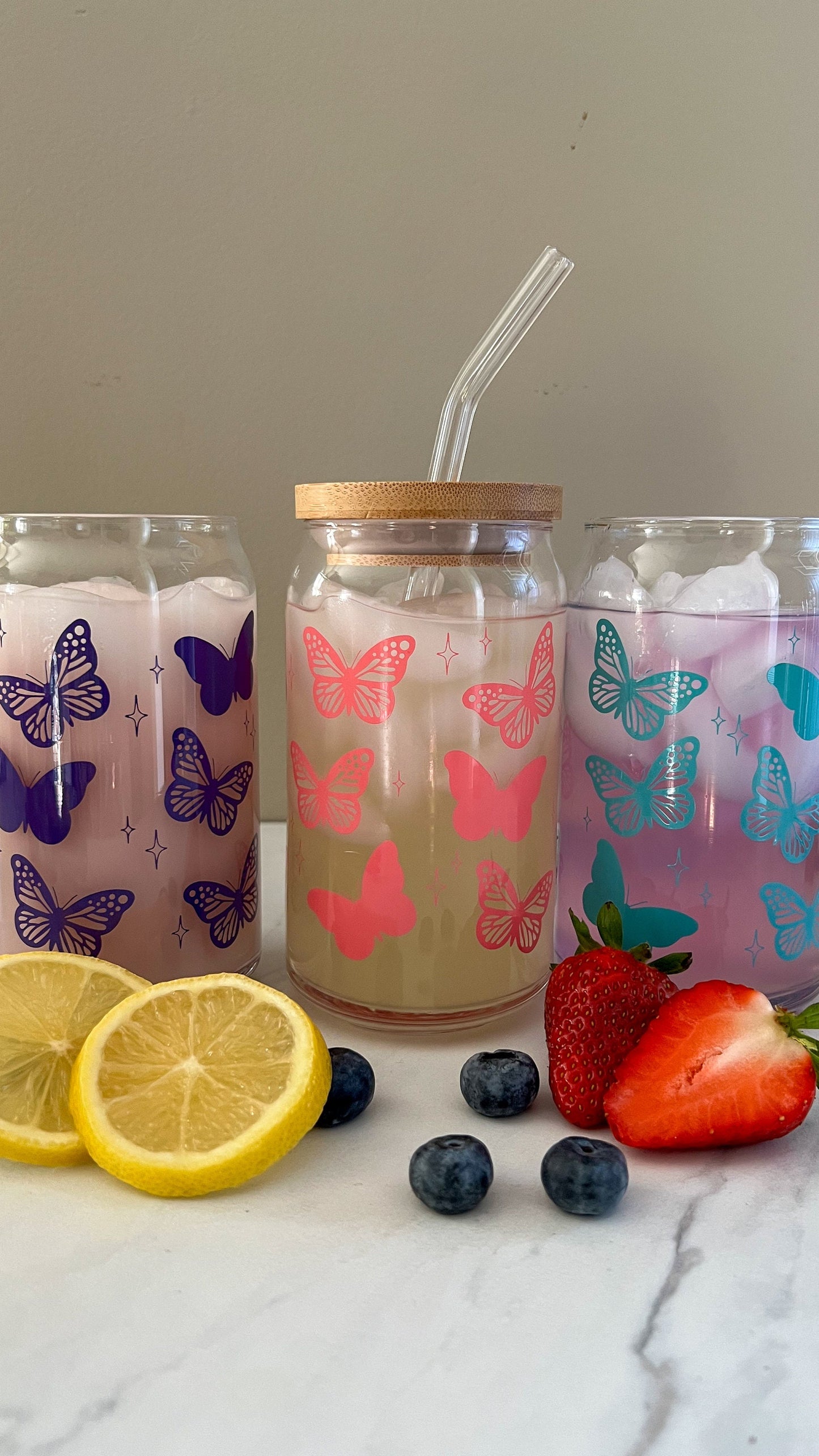 Dishwasher safe Butterfly cup, glass can, libbey 209, pink butterfly cup, purple butterfly cup, teal butterfly cup, cute glass cup,