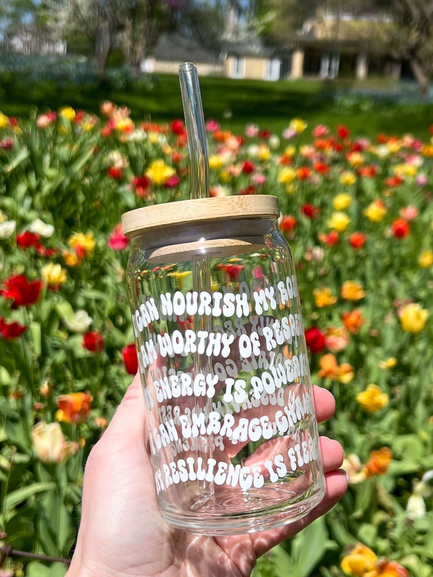 Dishwasher safe affirmations glass can, mental health matters, positive affirmations, glass can, libbey 209, bamboo lid, glass straw.