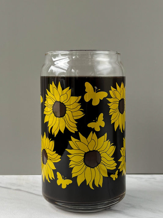 Sunflower Libbey, iced coffee glass, custom Libbey glass, customized tumbler dishwasher safe cup, screen printed tumbler