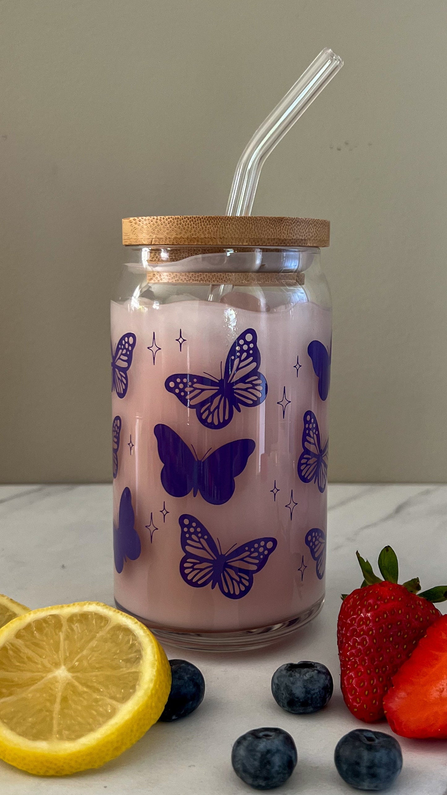 Dishwasher safe Butterfly cup, glass can, libbey 209, pink butterfly cup, purple butterfly cup, teal butterfly cup, cute glass cup,