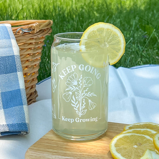 Keep going Keep growing cup, glass can, glass with bamboo lid, glass straw, dishwasher safe cup, mental health gift, therapist gift