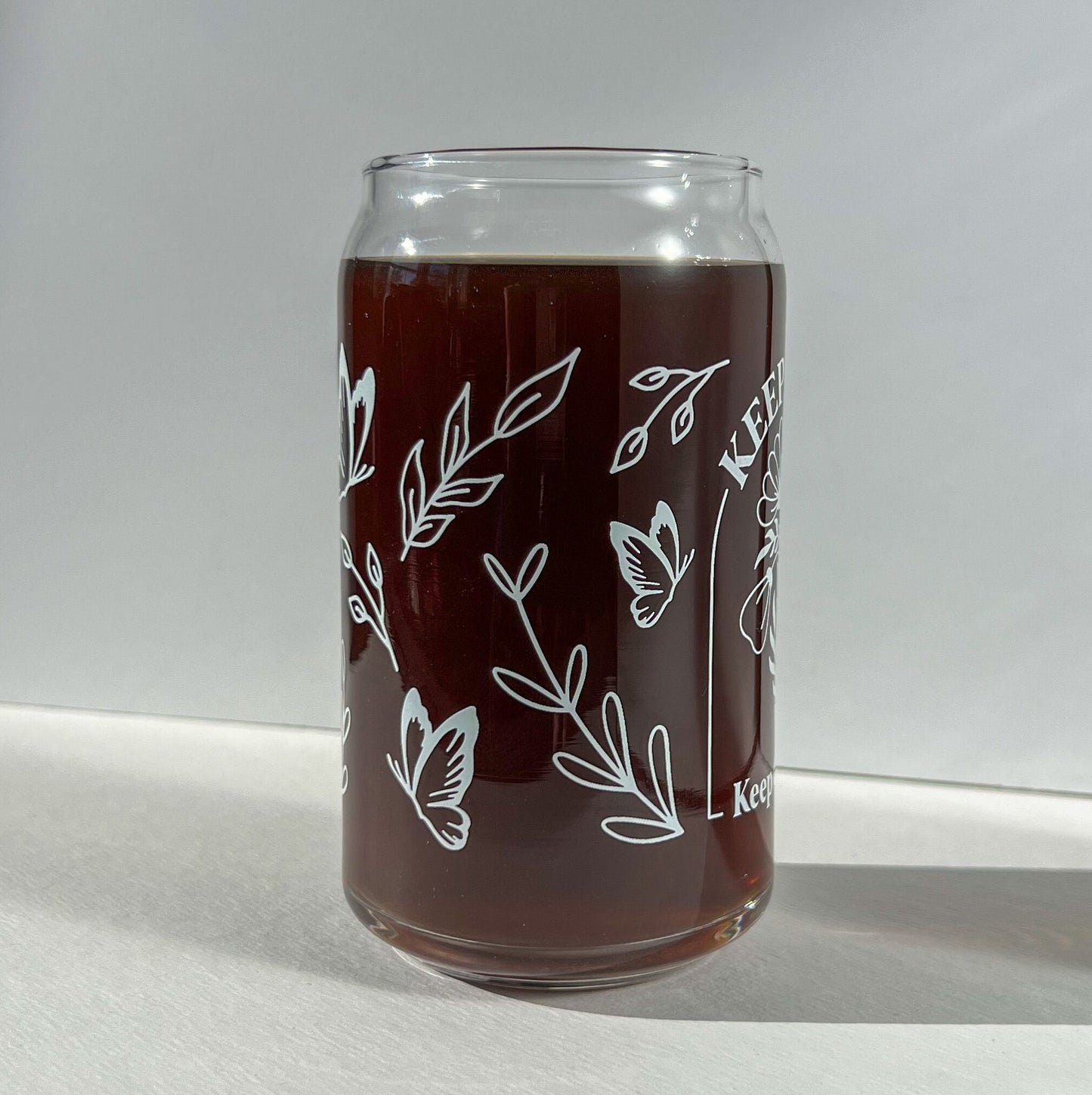 Keep going Keep growing cup, glass can, glass with bamboo lid, glass straw, dishwasher safe cup, mental health gift, therapist gift