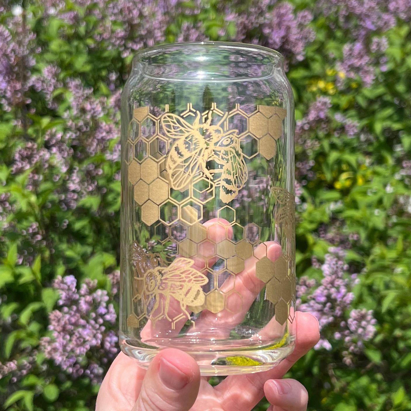 Dishwasher safe honeybee cup, honeycomb glass can, libbey 209, iced coffee cup, bamboo lid and glass straw