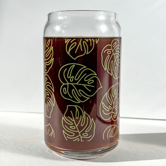 Monstera Libbey, iced coffee glass, custom Libbey glass, customized tumbler dishwasher safe cup, screen printed tumbler