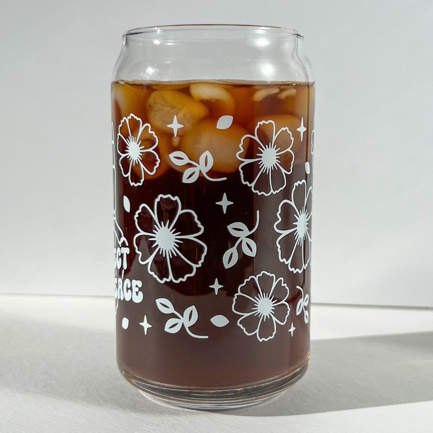 Protect your peace cup, custom tumbler, dishwasher safe glass, glass can with bamboo lid and straw, sarcastic gift, skeleton hand peace sign
